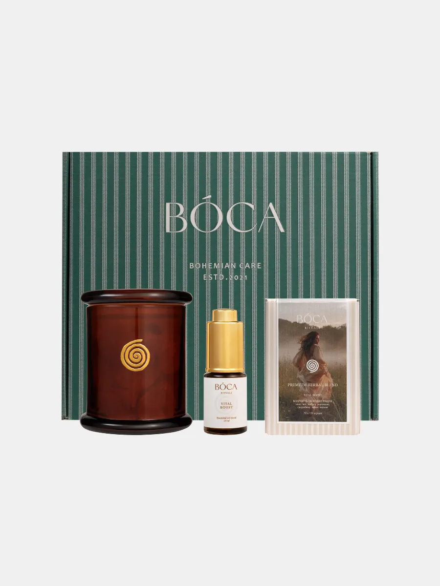 Набор Rituals VITAL BOOST: Гвоздика, чайное дерево, эвкалипт, апельсин, лимон — в диффузоре с кварцевыми камнями и травяном сборе с иван-чаем, чабрецом, смородиной и шиповником.