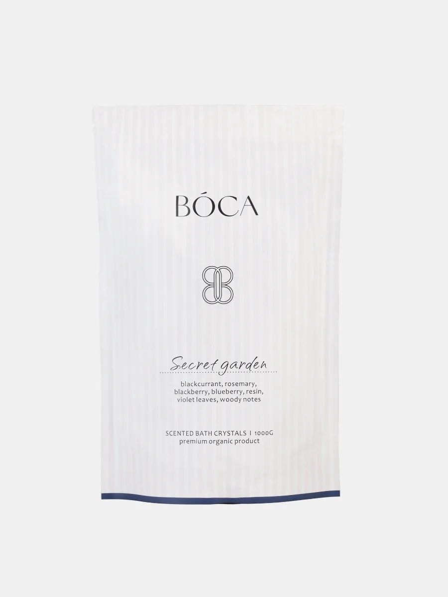 Морская соль Secret Garden 1000 g: #nbsp;черная смородина, розмарин, ежевика, черника, живица, листья фиалки, древесные нотки