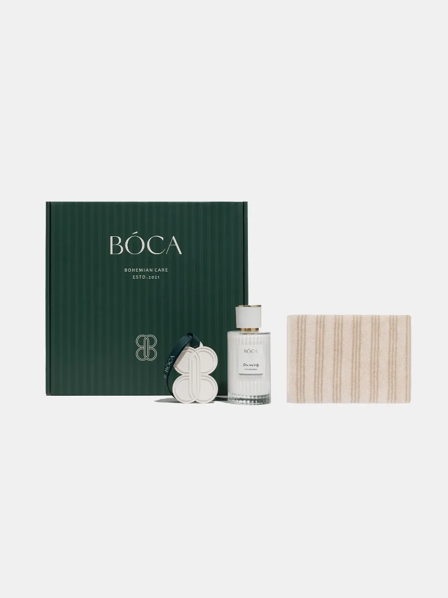 Подарочный набор BÓCA BATH CARE: Интерьерный спрей ONE AND ONLY: дымный ветивер, кардамон, бергамот, грейпфрут, бобы тонка, амбра, мускус, лёгкая ваниль.